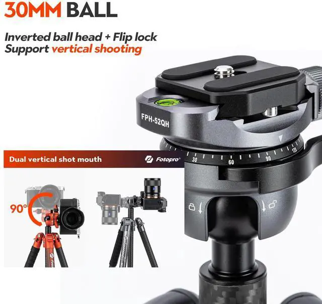 Alt view image 6 of 7 - Fotopro X-Airfly Tripod with Lightweight 3K Carbon Fiber Legs, Flip Lock System, and Two Section Center Column (Gray)