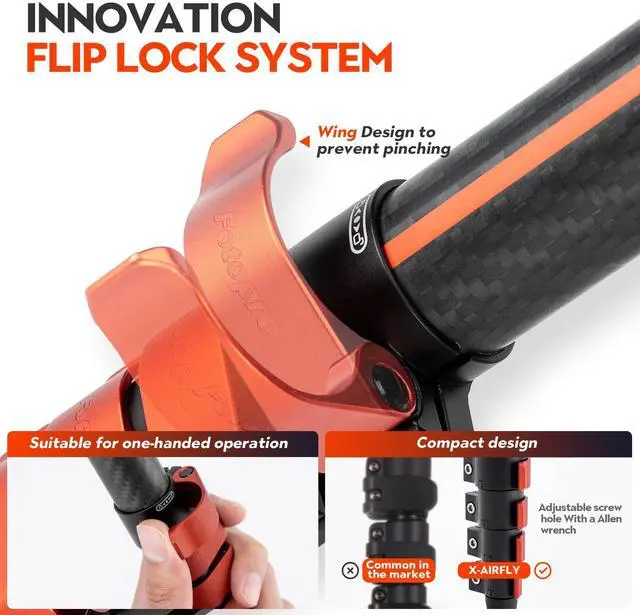 Alt view image 7 of 7 - Fotopro X-Airfly Tripod with Lightweight 3K Carbon Fiber Legs, Flip Lock System, and Two Section Center Column (Gray)