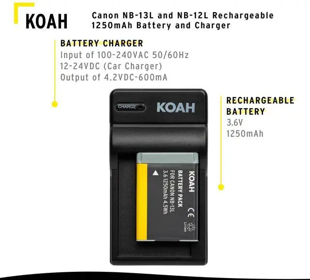 Alt view image 2 of 6 - Koah PRO Rechargeable Replacement 1250 mAh Li-Ion Battery and Charger Compatible with Canon NB-13L, NB-12L, small, compact and ultra portable spare charge kit, USB charging output for digital camera
