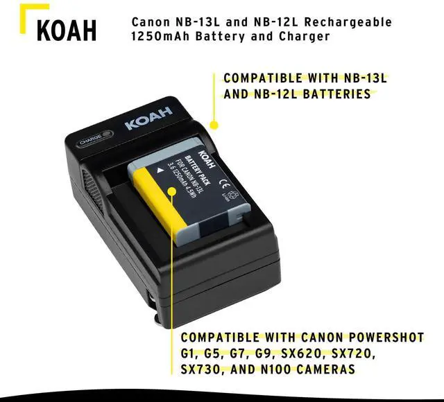 Alt view image 3 of 6 - Koah PRO Rechargeable Replacement 1250 mAh Li-Ion Battery and Charger Compatible with Canon NB-13L, NB-12L, small, compact and ultra portable spare charge kit, USB charging output for digital camera