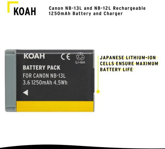 Alt view image 5 of 6 - Koah PRO Rechargeable Replacement 1250 mAh Li-Ion Battery and Charger Compatible with Canon NB-13L, NB-12L, small, compact and ultra portable spare charge kit, USB charging output for digital camera