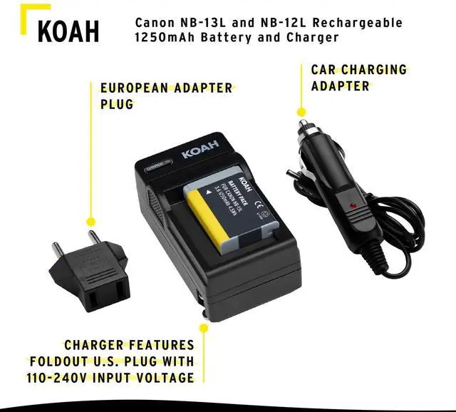 Alt view image 4 of 6 - Koah PRO Rechargeable Replacement 1250 mAh Li-Ion Battery and Charger Compatible with Canon NB-13L, NB-12L, small, compact and ultra portable spare charge kit, USB charging output for digital camera