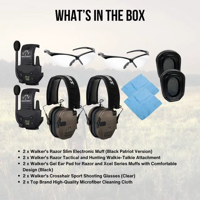 Alt view image 7 of 7 - Walker's Razor Slim Electronic Earmuffs (Flat Dark Earth, 2-Pack) Bundle with 2 x Walkie Talkie Attachment, 2 x Ear Pad (Black), 2 x Glasses (Clear), and 2 x Cleaning Cloth (10 Items)