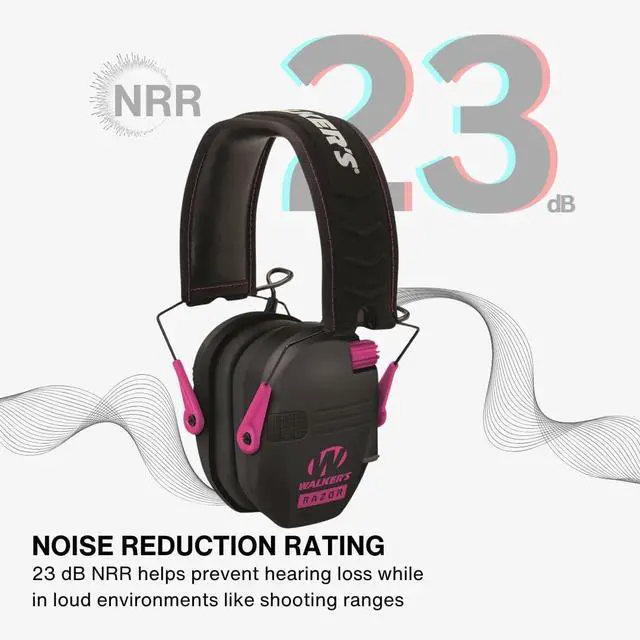 Alt view image 3 of 6 - Walker's Razor Slim Electronic Earmuffs (Black and Pink) Bundle with Walkie Talkie Attachment, Ear Pad (Black), Glasses (Clear), and Cleaning Cloth (5 Items)