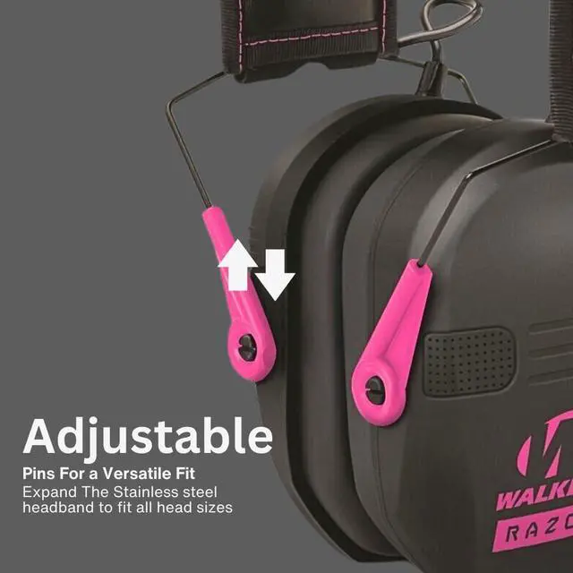 Alt view image 2 of 6 - Walker's Razor Slim Electronic Earmuffs (Black and Pink) Bundle with Walkie Talkie Attachment, Ear Pad (Black), Glasses (Clear), and Cleaning Cloth (5 Items)