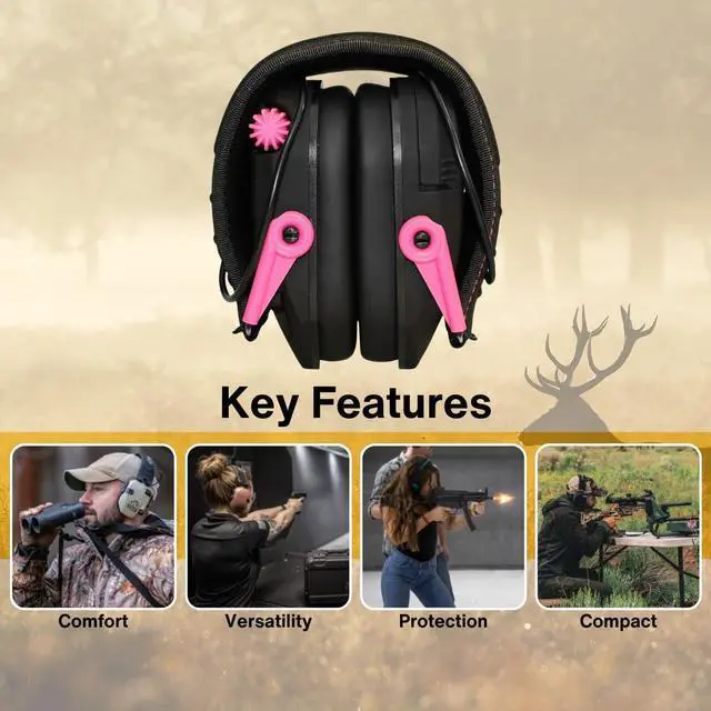 Alt view image 5 of 6 - Walker's Razor Slim Electronic Earmuffs (Black and Pink) Bundle with Walkie Talkie Attachment, Ear Pad (Black), Glasses (Clear), and Cleaning Cloth (5 Items)