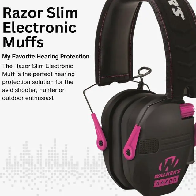 Alt view image 4 of 6 - Walker's Razor Slim Electronic Earmuffs (Black and Pink) Bundle with Walkie Talkie Attachment, Ear Pad (Black), Glasses (Clear), and Cleaning Cloth (5 Items)