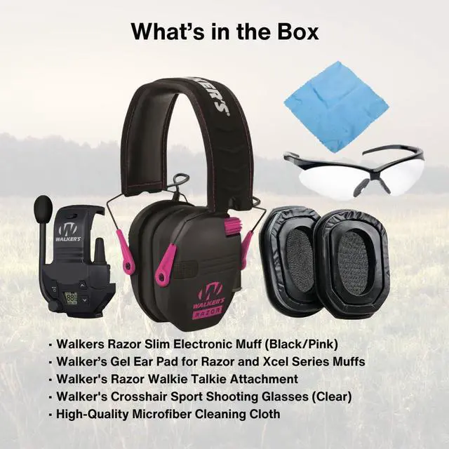 Alt view image 6 of 6 - Walker's Razor Slim Electronic Earmuffs (Black and Pink) Bundle with Walkie Talkie Attachment, Ear Pad (Black), Glasses (Clear), and Cleaning Cloth (5 Items)