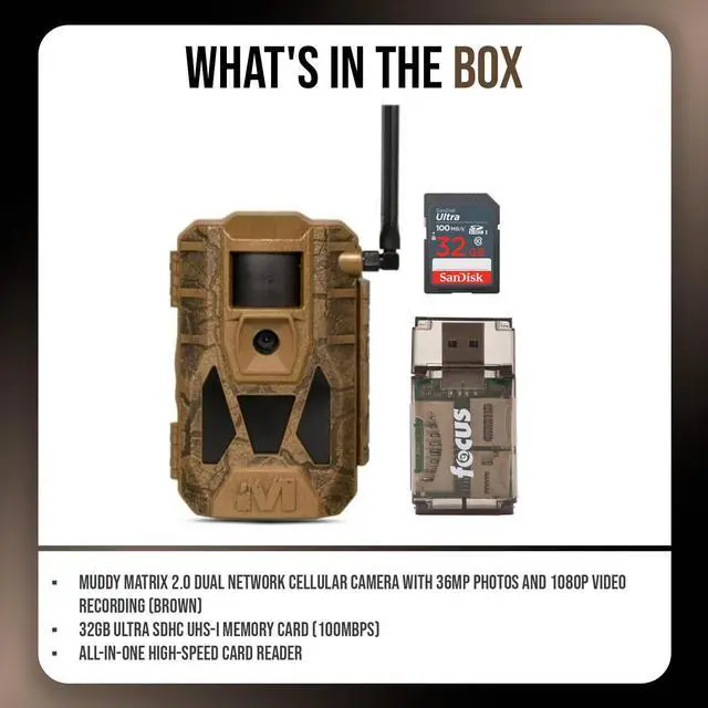 Alt view image 7 of 7 - Muddy Matrix 2.0 Dual Network Cellular Camera (Brown) Bundle with 32GB Ultra SDHC Memory Card and High-Speed Card Reader (3 Items)