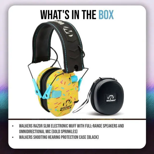 Alt view image 7 of 7 - Walkers Razor Slim Electronic Muff with Full-Range Speakers and Omnidirectional Mic (Gold Sprinkles) Bundle with Hearing Protection Case (Black) (2 Items)