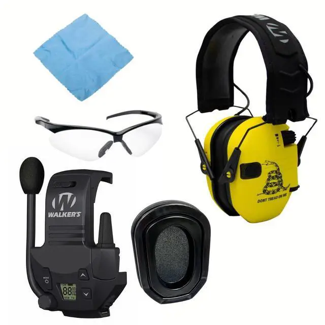 Main image of Walker's Razor Slim Electronic Earmuffs (Don't Tread On Me, Yellow) Bundle with Walkie Talkie Attachment, Ear Pad (Black), Glasses (Clear), and Cleaning Cloth (5 Items)