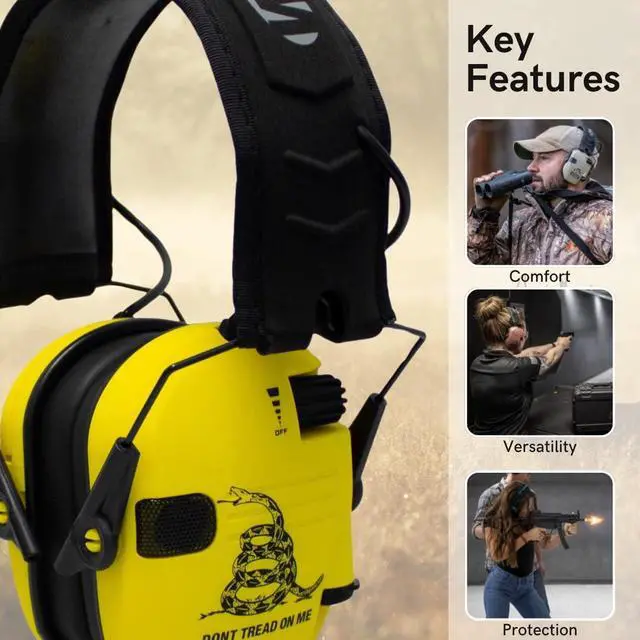 Alt view image 2 of 7 - Walker's Razor Electronic Earmuffs (Dont Tread On Me, Yellow, 2-Pack) Bundle with Walkie Talkie Attachment (2-Pack), Ear Pad (Black, 2-Pack), Glasses (Clear, 2-Pack), and Cloth (2-Pack) (10 Items)