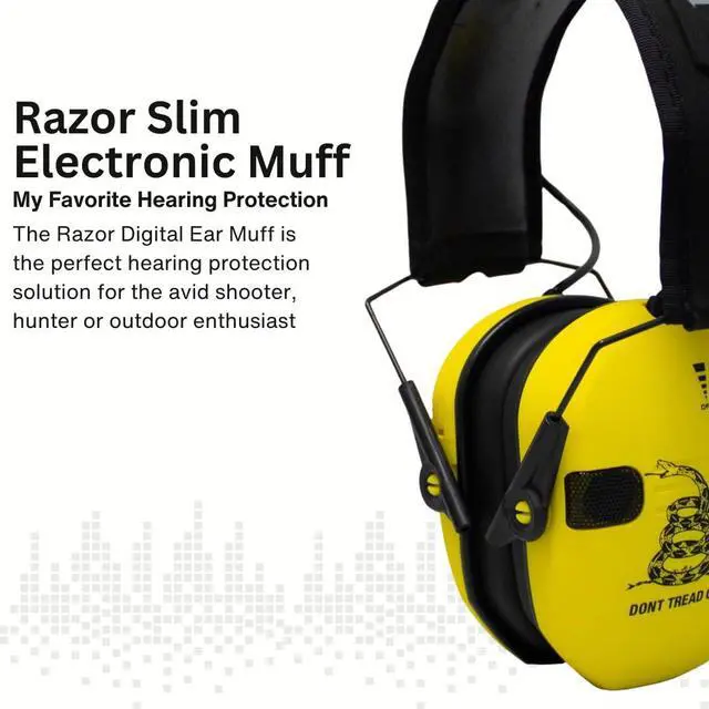 Alt view image 3 of 7 - Walker's Razor Electronic Earmuffs (Dont Tread On Me, Yellow, 2-Pack) Bundle with Walkie Talkie Attachment (2-Pack), Ear Pad (Black, 2-Pack), Glasses (Clear, 2-Pack), and Cloth (2-Pack) (10 Items)