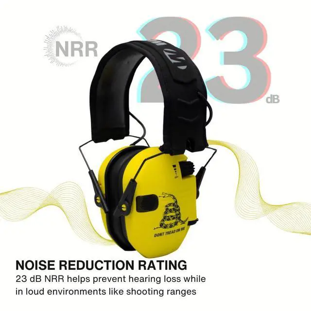 Alt view image 5 of 7 - Walker's Razor Electronic Earmuffs (Dont Tread On Me, Yellow, 2-Pack) Bundle with Walkie Talkie Attachment (2-Pack), Ear Pad (Black, 2-Pack), Glasses (Clear, 2-Pack), and Cloth (2-Pack) (10 Items)