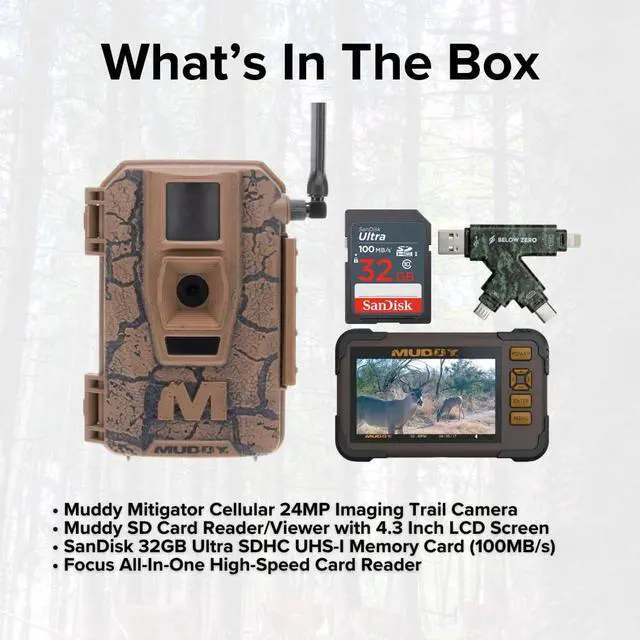 Alt view image 6 of 6 - Muddy Mitigator Cellular 24MP Imaging Trail Camera with 80 Feet Detection and Flash Range Bundle with Muddy SD Card Reader and Viewer, 32GB UHS-I Memory Card, and USB 2.0 Card Reader (4 Items)