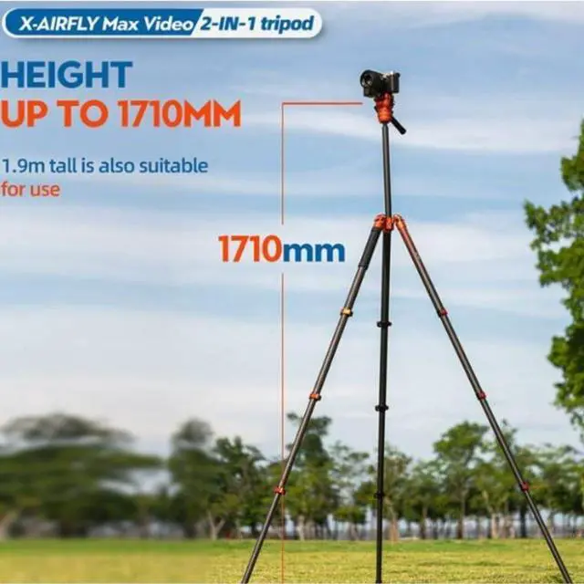 Alt view image 5 of 7 - Fotopro X-Airfly Max Video Lightweight Design 2-In-1 Tripod with Flip Lock System, Hidden Phone Holder, and Monopod Function (Orange)