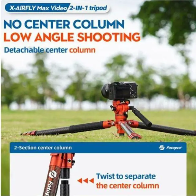 Alt view image 7 of 7 - Fotopro X-Airfly Max Video Lightweight Design 2-In-1 Tripod with Flip Lock System, Hidden Phone Holder, and Monopod Function (Orange)