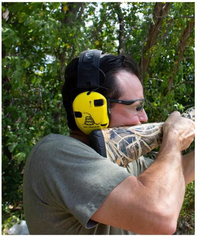 Alt view image 6 of 7 - Walker's Razor Slim Electronic Earmuffs (Don't Tread On Me, Yellow) Bundle with Walkie Talkie Attachment, Ear Pad (Black), Glasses (Clear), and Cleaning Cloth (5 Items)