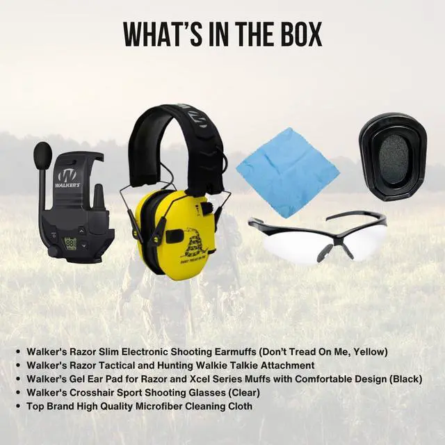 Alt view image 7 of 7 - Walker's Razor Slim Electronic Earmuffs (Don't Tread On Me, Yellow) Bundle with Walkie Talkie Attachment, Ear Pad (Black), Glasses (Clear), and Cleaning Cloth (5 Items)