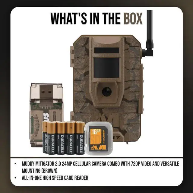 Alt view image 7 of 7 - Muddy Mitigator 2.0 24MP Cellular Camera Combo with 720p Video and Versatile Mounting (Brown) Bundle with All-In-One High Speed Card Reader (2 Items)