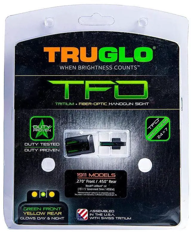 Alt view image 3 of 5 - TruGlo TFO 1911 270 and 450 Set Handgun Sight with Tritium and Fiber-Optic Technology (Green Front and Yellow Rear)