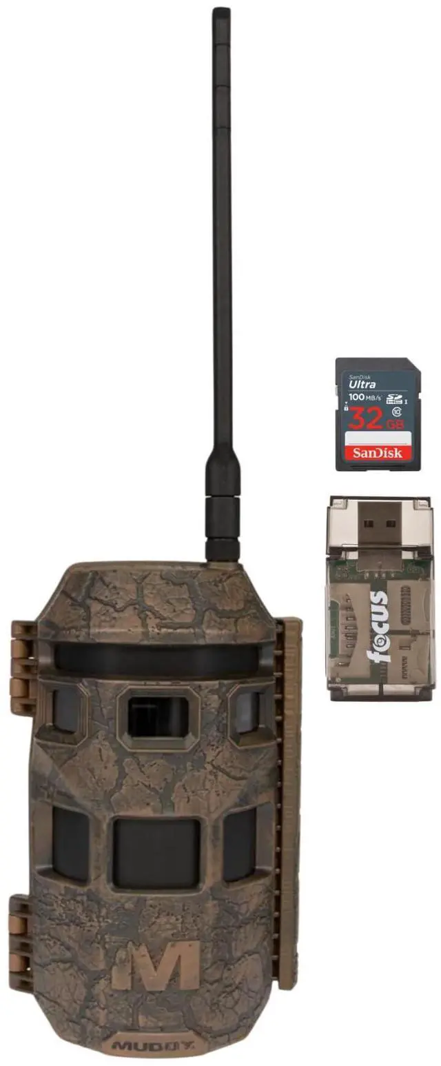 Main image of Muddy Trifecta 180 Cellular Trail Camera 36MP 1080p (Brown) Bundle with 32 GB Memory Card and Card Reader (3 items)