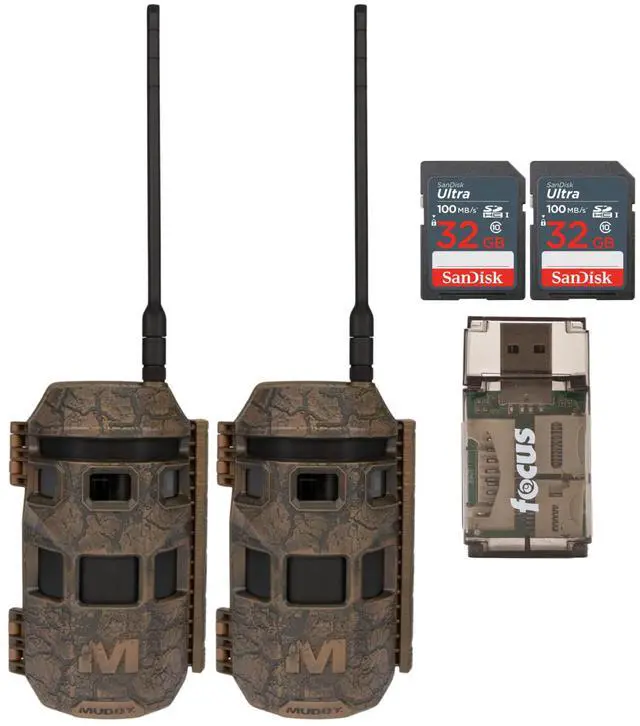 Main image of Muddy Trifecta 180 Cellular Trail Camera 36MP 1080p (2-Pack, Brown) Bundle with 2 x 32 GB Memory Card and Card Reader (5 items)