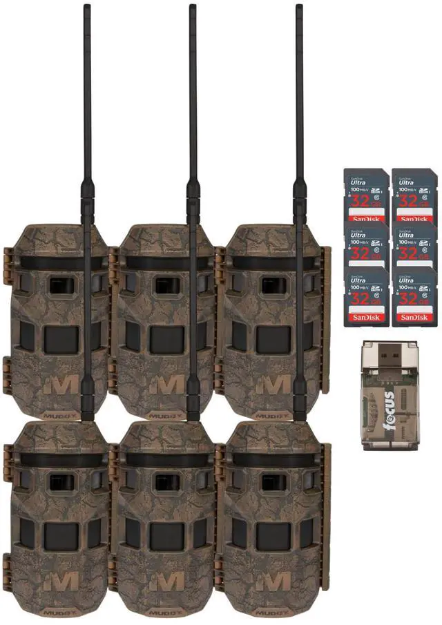 Main image of Muddy Trifecta 180 Cellular Trail Camera 36MP 1080p (6-Pack, Brown) Bundle with 6 x 32 GB Memory Card and Card Reader (13 items)