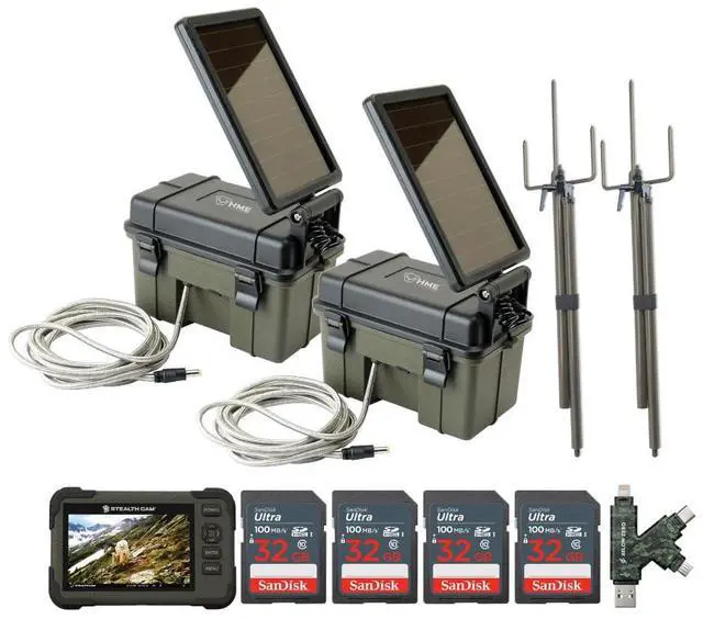 Main image of HME Trail Camera 12V with Solar Auxiliary Power Pack (2-Pack) Bundle with 2x SD Card Reader and Viewer, 2x Trail Camera Mount Stick, 4x 32GB Memory Card, and SD Card Reader (11 Items)