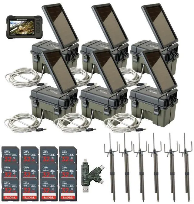 Main image of HME Trail Camera 12V with Solar Auxiliary Power Pack (6-Pack) Bundle with 6x SD Card Reader and Viewer, 6x Trail Camera Mount Stick, 12x 32GB Memory Card, and SD Card Reader (31 Items)
