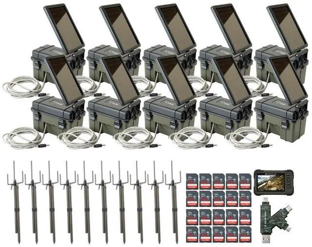 Main image of HME Trail Camera 12V with Solar Auxiliary Power Pack (10-Pack) Bundle with 10x SD Card Reader and Viewer, 10x Trail Camera Mount Stick, 20x 32GB Memory Card, and SD Card Reader (51 Items)