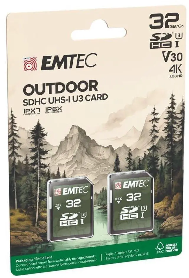 Main image of Emtec SD 32GB UHS-I U3 V30 Rugged Outdoor Series Card Designed for Use with Trail and Hunting Cameras (2-Pack)