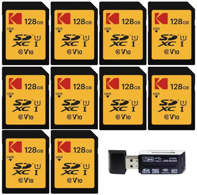 Main image of Kodak 128GB SDXC Premium Performance Class 10 UHS-I U1 V10 Full HD Memory Card (10-Pack) Bundle with 4-In-1 USB 2.0 Card Reader (Black) (11 Items)