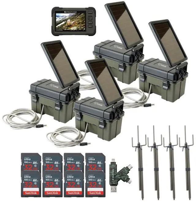 Main image of HME Trail Camera 12V with Solar Auxiliary Power Pack (4-Pack) Bundle with SD Card Reader and Viewer (4-Pack), Trail Camera Mount Stick (4-Pack), 32GB Memory Card (8-Pack), and Card Reader (21 Items)