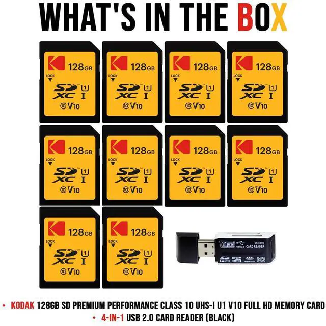 Alt view image 6 of 6 - Kodak 128GB SDXC Premium Performance Class 10 UHS-I U1 V10 Full HD Memory Card (10-Pack) Bundle with 4-In-1 USB 2.0 Card Reader (Black) (11 Items)