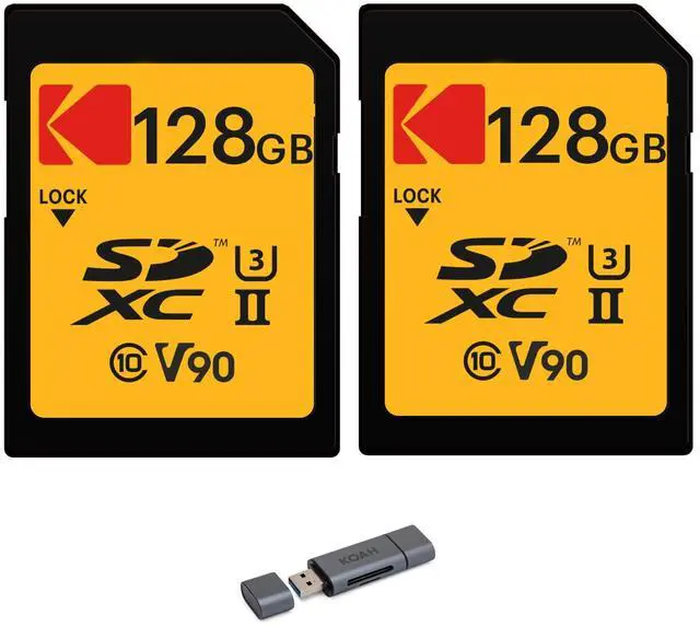 Main image of Kodak 128GB UHS-II U3 V90 Ultra Pro SDXC Memory Card (2-Pack) Bundle with Aluminum SD Reader (3 Items)