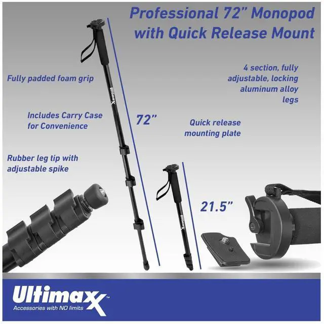 Alt view image 5 of 7 - Ultimaxx 72-Inch Monopod with Quick Release Mounting Plate, 4 Section Aluminum Alloy Legs, Rubber Leg Tip with Adjustable Spike, Fully Padded Foam Grip, Secure Wrist Strap and Carrying Case