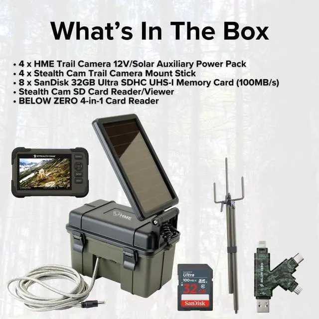 Alt view image 7 of 7 - HME Trail Camera 12V with Solar Auxiliary Power Pack (4-Pack) Bundle with SD Card Reader and Viewer (4-Pack), Trail Camera Mount Stick (4-Pack), 32GB Memory Card (8-Pack), and Card Reader (21 Items)