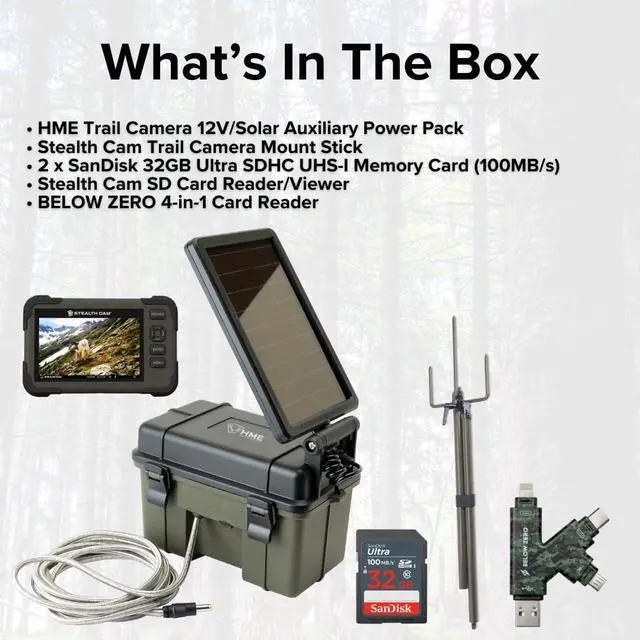 Alt view image 7 of 7 - HME Trail Camera 12V with Solar Auxiliary Power Pack Bundle with SD Card Reader and Viewer, Trail Camera Mount Stick, 32GB Ultra SDHC UHS-I Memory Card (2-Pack), and SD Reader (6 Items)