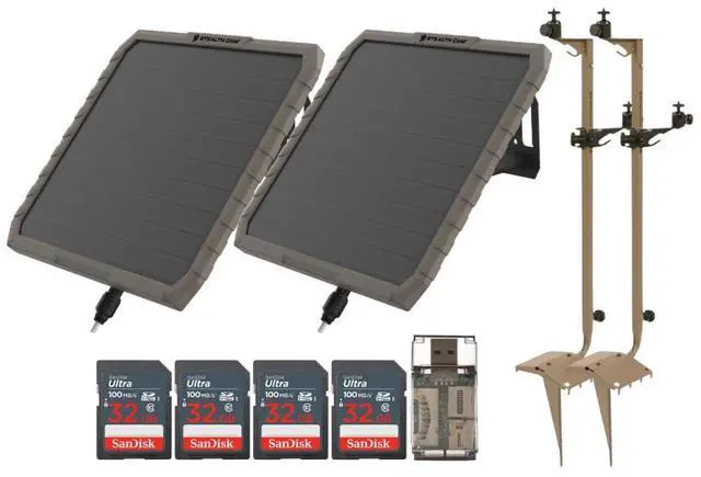 Main image of Stealth Cam Adjustable Multi-Pivot Mounting Post for Trail Camera (2-Pack) Bundle with FieldMax External 3000 mAh Solar Battery (2-Pack), 32GB Memory Card (4-Pack), and SD Card Reader (9 Items)