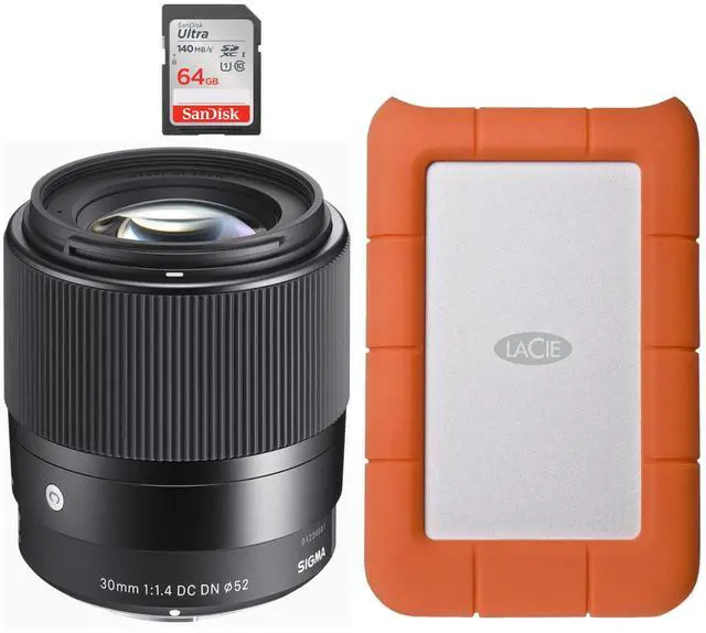 Main image of Sigma 30mm F1.4 DC DN Contemporary Lens for Nikon Z Mount Mirrorless Camera with LH586-01 Lens Hood (Black) Bundle with 1TB USB 3.0 External Portable Hard Drive, and 64 GB SDXC Memory Card (3 Items)