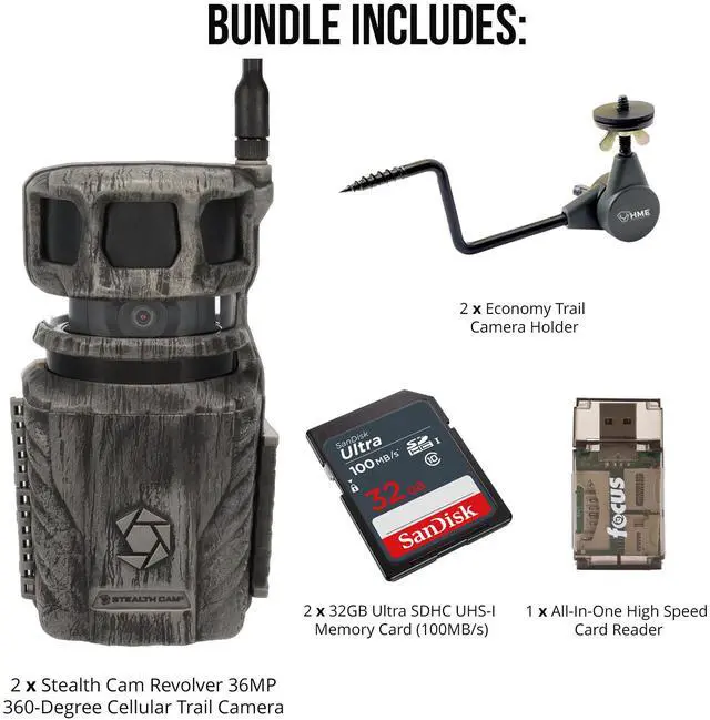 Alt view image 2 of 3 - Stealth Cam Revolver 36MP 360-Degree Cellular Trail Camera (2-Pack) Bundle with Economy Trail Camera Holder (2-Pack), 32GB Ultra SDHC Memory Card (2-Pack), and SD USB 2.0 Card Reader (7 Items)