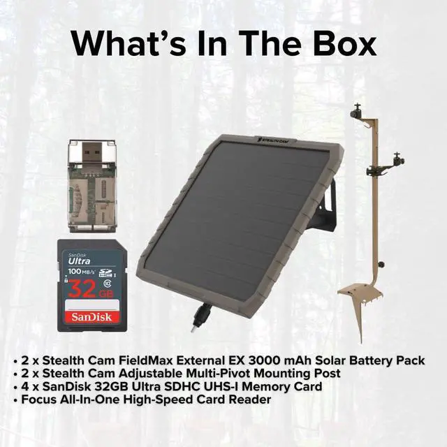Alt view image 6 of 6 - Stealth Cam Adjustable Multi-Pivot Mounting Post for Trail Camera (2-Pack) Bundle with FieldMax External 3000 mAh Solar Battery (2-Pack), 32GB Memory Card (4-Pack), and SD Card Reader (9 Items)