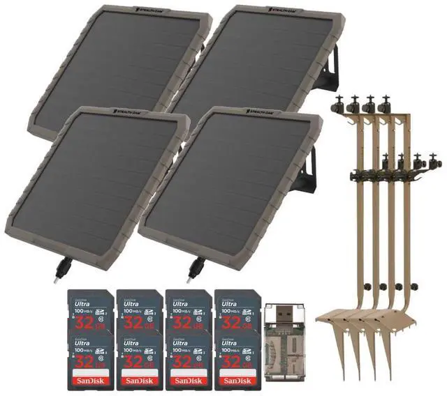 Main image of Stealth Cam Adjustable Multi-Pivot Mounting Post for Trail Camera (4-Pack) Bundle with FieldMax External 3000 mAh Solar Battery (4-Pack), 32GB Memory Card (8-Pack), and USB Card Reader (17 Items)
