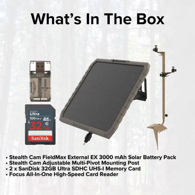 Alt view image 6 of 6 - Stealth Cam Adjustable Multi-Pivot Mounting Post for Trail Camera Bundle with Stealth Cam FieldMax External 3000 mAh Solar Battery, 32GB Memory Card (2-Pack), and SD Card Reader (5 Items)