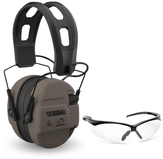 Alt view image 6 of 7 - Walker's Recon Low-Profile Digital Electronic Muff with SAC Technology and NRR 26 (Flat Dark Earth) Bundle with Walker's Crosshair Sport Glasses (Clear) (2 Items)