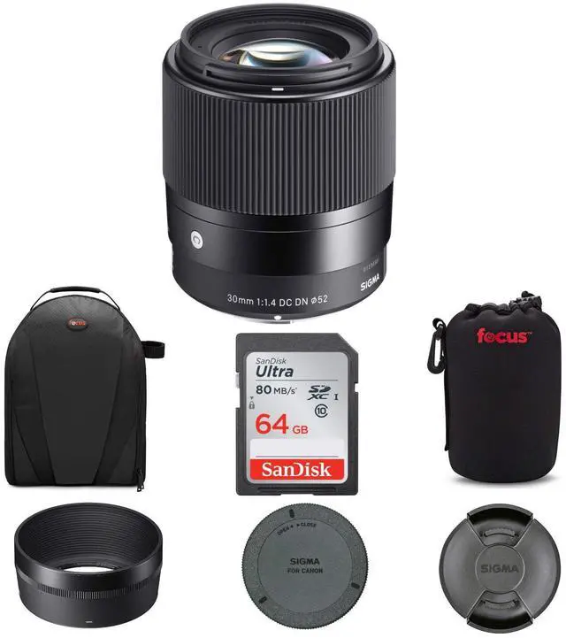 Main image of Sigma 30mm f/1.4 DC DN Contemporary Lens Canon EF-M Bundle with 64GB SD Card, Photo and Video Backpack, and Lens Pouch (4 Items)