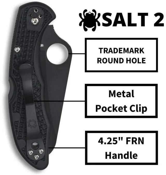 Alt view image 4 of 7 - Spyderco Salt 2 Lightweight Knife with 3-Inch H-1 Ultra-Corrosion Resistant Steel Blade and Black FRN Handle (Black)