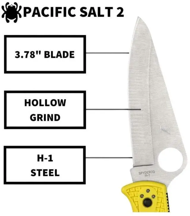 Alt view image 4 of 7 - Spyderco Pacific Salt 2 Folding Knife with H-1 PlainEdge Blade, Hollow Grind, and Fiberglass Reinforced Nylon Handle (Yellow)