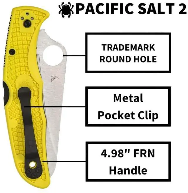 Alt view image 5 of 7 - Spyderco Pacific Salt 2 Folding Knife with H-1 PlainEdge Blade, Hollow Grind, and Fiberglass Reinforced Nylon Handle (Yellow)